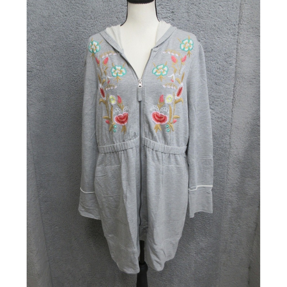 Evys Tree Anne Marie Floral Embroidered Hoodie Women L Gray Longline Boho Artsy